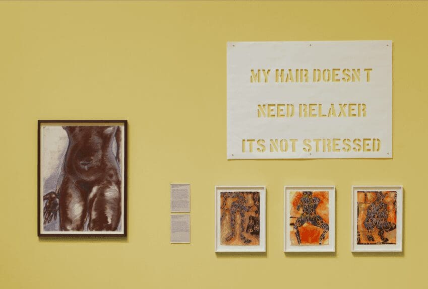 Exhibition view: Constellations: Care & Resistance, 2020 – 2022 (Jade Montserrat, Ian Hamilton Finlay, Claudette Johnson, Amaka Nwafor, Berni Searle, Mark Titchner) Courtesy Manchester Art Gallery. Photo: Michael Pollard