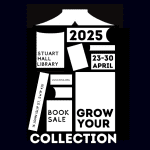 Logo representing the 2025 Grow Your Collection fundraising campaign, characterized by a dynamic design and black and white colour palette in the shape of books.